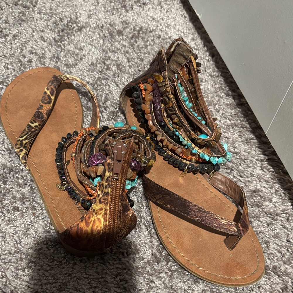 Women's Brown Beaded Boho Sandals with Turquoise Accents